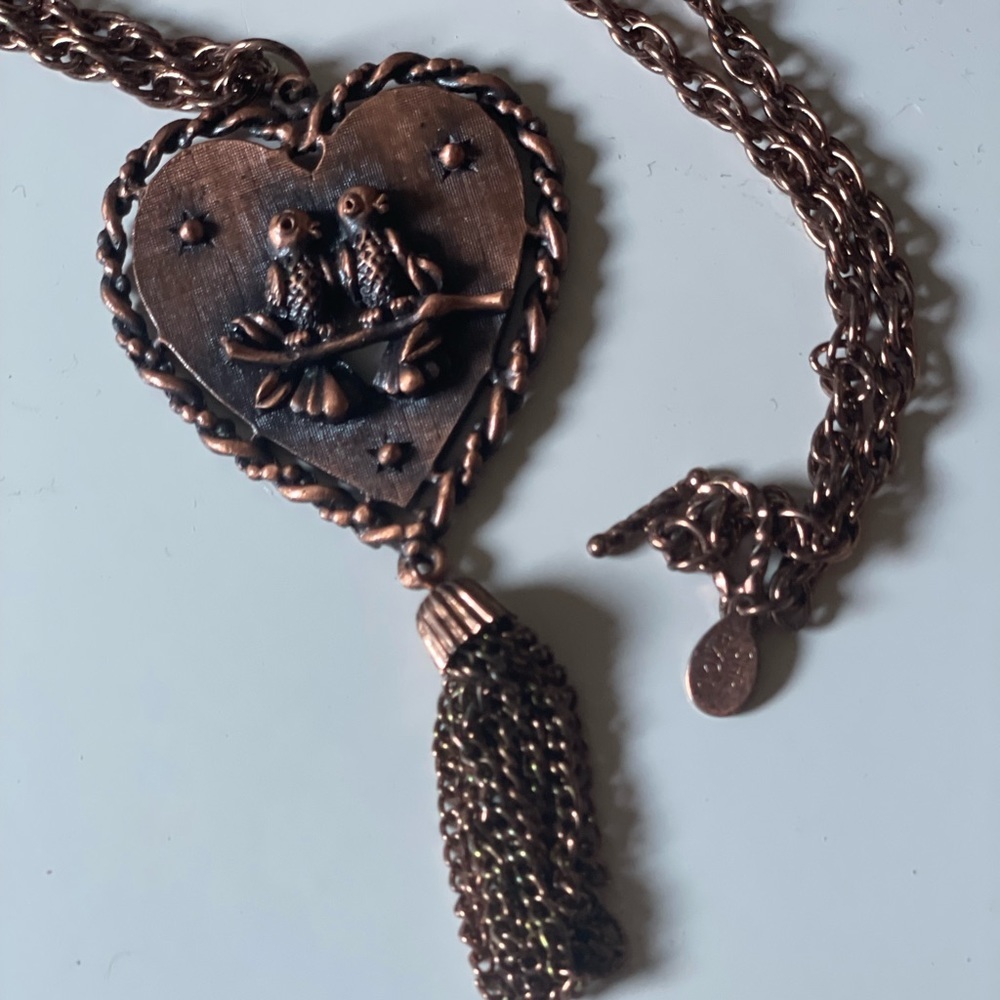 Vintage Signed SHP EXCL Lovebirds Heart COPPER Necklace  TASSEL 24"
